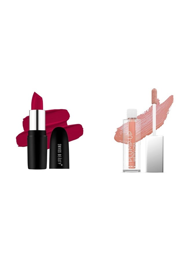 SWISS BEAUTY Pure Matte Creamy Lipstick | Shade- Smoking Red, 3.8gm| Plump-Up Wet Lightweight Lip Gloss With High Shine Glossy Finish For Fuller And Plump Lips | Shade- Nude Myth, 2Ml| - Image 1
